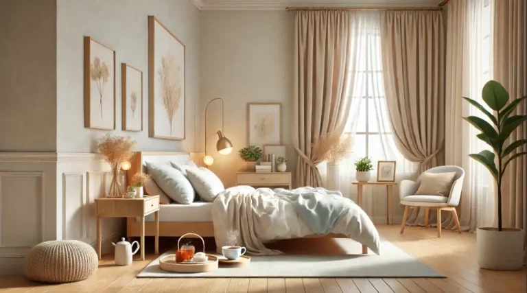 Chambre lumineuse et élégante avec un lit confortable et des oreillers douillets, illustrant le confort et le soutien des oreillers Bultex pour un sommeil de qualité.