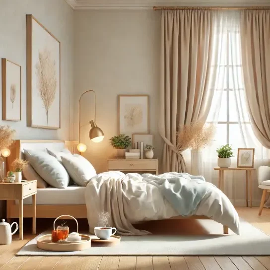 Chambre lumineuse et élégante avec un lit confortable et des oreillers douillets, illustrant le confort et le soutien des oreillers Bultex pour un sommeil de qualité.