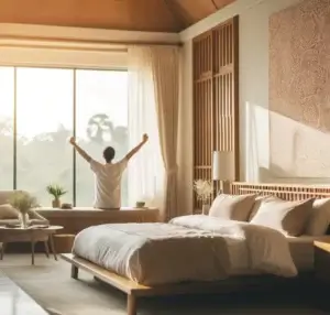 Personne s’étirant au réveil dans une chambre lumineuse et apaisante, symbole d’un sommeil réparateur grâce à un oreiller ergonomique