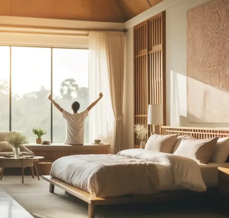 Personne s’étirant au réveil dans une chambre lumineuse et apaisante, symbole d’un sommeil réparateur grâce à un oreiller ergonomique