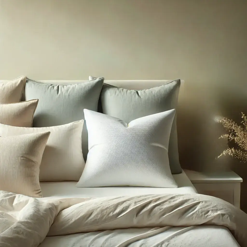 Ambiance calme et reposante d’une chambre avec un lit soigneusement préparé, mettant en valeur un oreiller ergonomique et sa housse, créant un environnement propice à un sommeil réparateur.