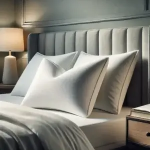 Oreillers ergonomiques blancs sur un lit élégant – Guide pour choisir le meilleur oreiller ergonomique à petit budget en [current_date format=Y]