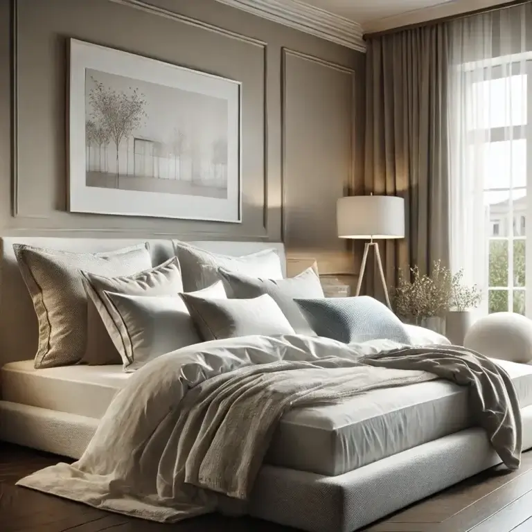 Chambre élégante avec un lit raffiné et des oreillers haut de gamme, illustrant le confort et la qualité des matelas et oreillers Bultex et Dodo pour un sommeil optimal