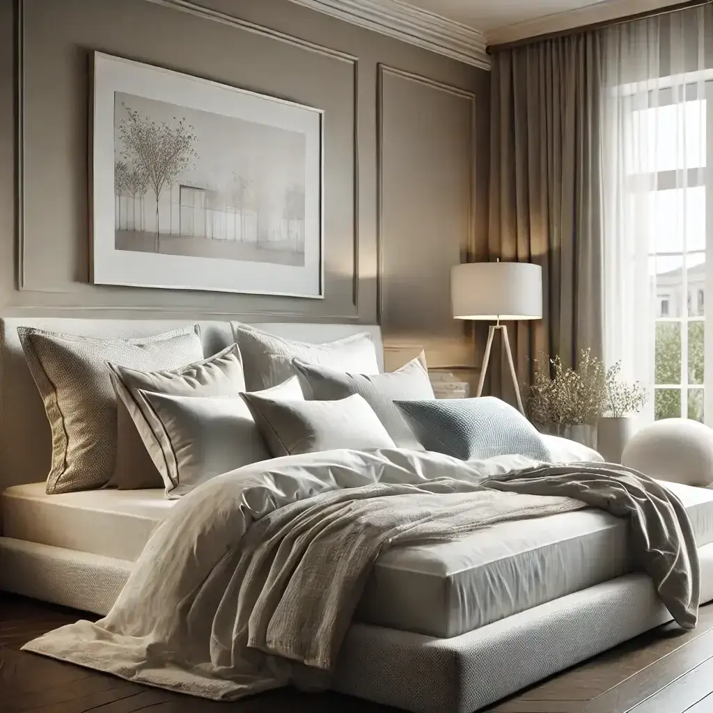 Chambre élégante avec un lit raffiné et des oreillers haut de gamme, illustrant le confort et la qualité des matelas et oreillers Bultex et Dodo pour un sommeil optimal