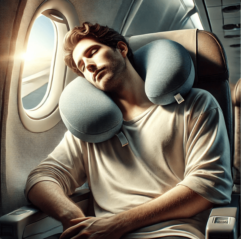 Homme dormant confortablement dans un avion avec un oreiller ergonomique de voyage autour du cou.