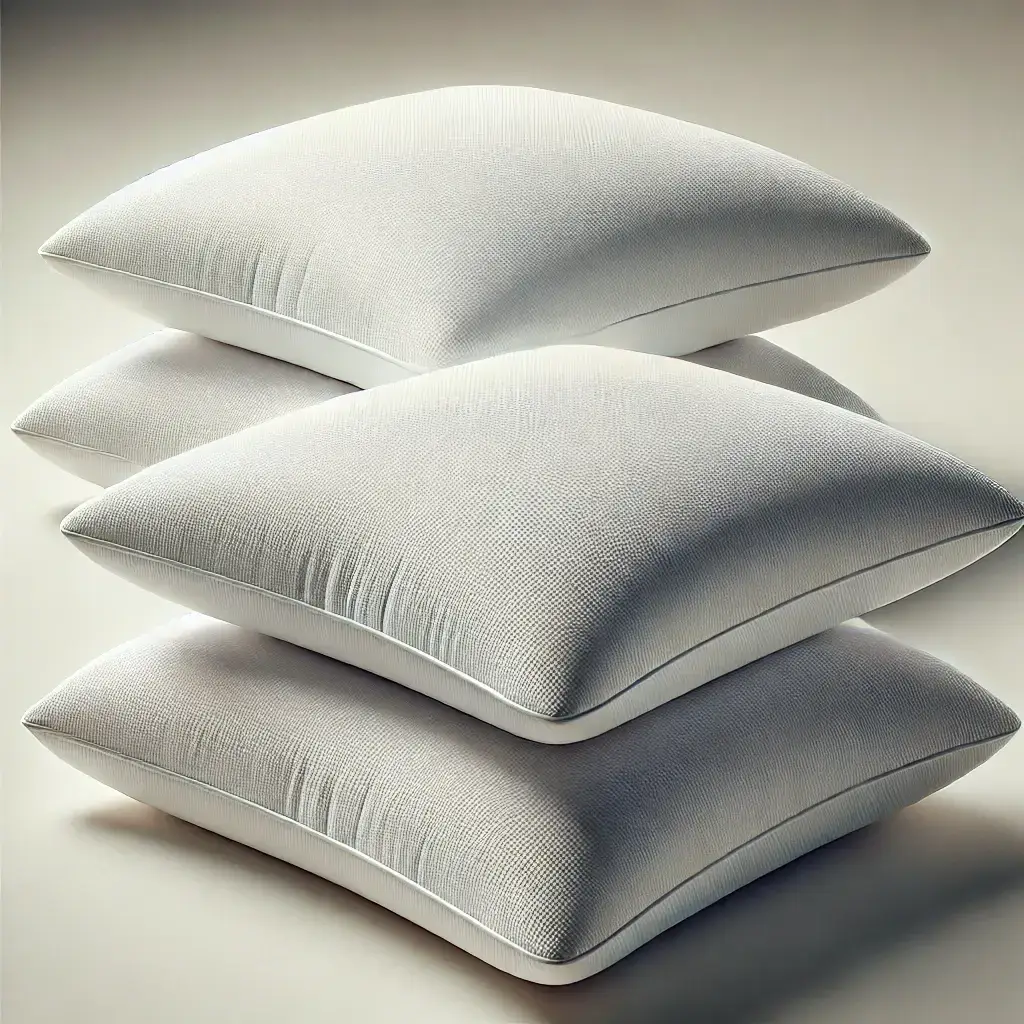Gros plan sur plusieurs oreillers ergonomiques rectangulaires en mousse à mémoire de forme, disposés sur une surface neutre avec un éclairage doux.