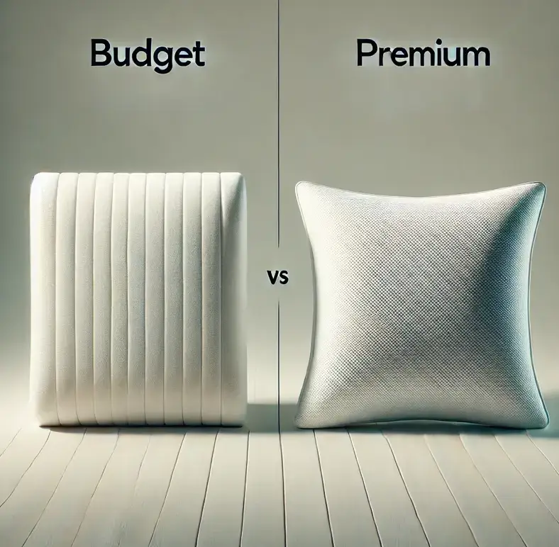 Comparaison entre un oreiller ergonomique Action à prix abordable et un modèle premium. Illustrant la différence de conception et de confort entre ces deux types d’oreillers ergonomiques.