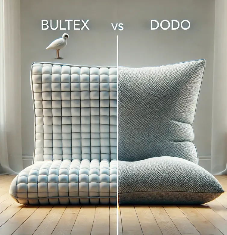 Un oreiller en coupe d'un coté ou perçoit la technoloige bultex, de l'autre l'oreiller Dodo