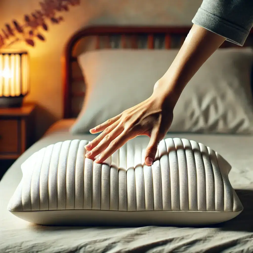 oreiller ergonomique avec une main qui appuie dessus pour montrer son adaptation et son soutien