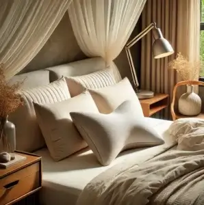 Lit élégant et confortable avec un oreiller ergonomique et une housse premium. Ambiance chaleureuse et relaxante pour un sommeil réparateur.