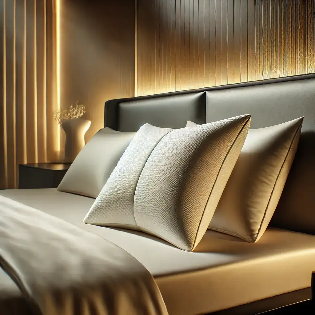 Oreiller ergonomique Simba Hybrid posé sur un lit luxueux dans une chambre élégante, avec une ambiance chaleureuse et raffinée.