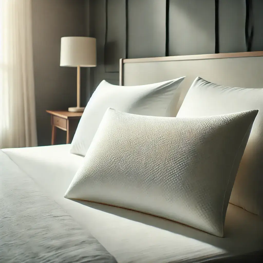 Oreiller à mémoire de forme propre et bien entretenu sur un lit aux draps blancs, mis en valeur par une lumière naturelle, illustrant l’importance d’un bon entretien pour le confort et la durabilité