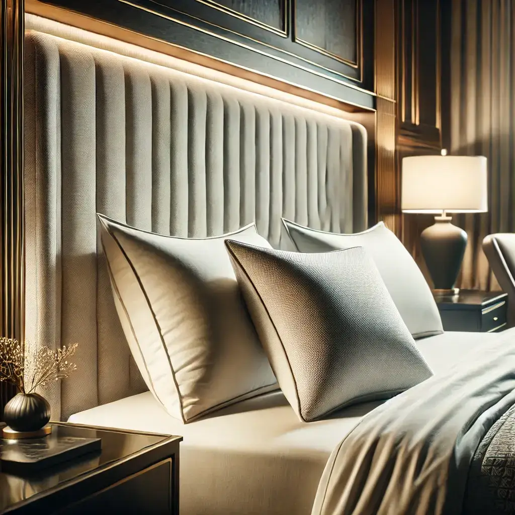 Chambre luxueuse avec oreillers ergonomiques sur un lit haut de gamme, ambiance élégante et raffinée.