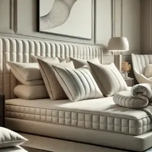 Oreillers ergonomiques élégants sur un lit raffiné, illustrant le confort et le bien-être. Découvrez les solutions de remboursement et aides financières