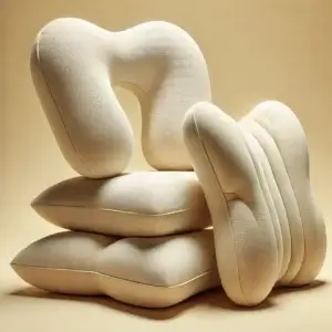 Quatre oreillers ergonomiques cervicaux en écru sur fond beige, conçus pour soulager les tensions et améliorer la qualité du sommeil.