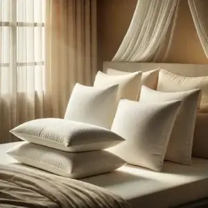 Oreiller ergonomique Action, disposé sur un lit élégant, offrant un soutien optimal pour un sommeil réparateur et apaisant