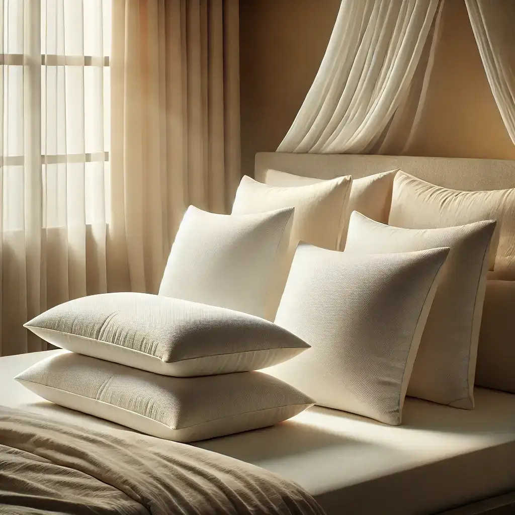 Oreiller ergonomique Action, disposé sur un lit élégant, offrant un soutien optimal pour un sommeil réparateur et apaisant