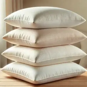 Gros plan sur une pile de 3 à 4 oreillers ergonomiques Emma aux couleurs claires et apaisante