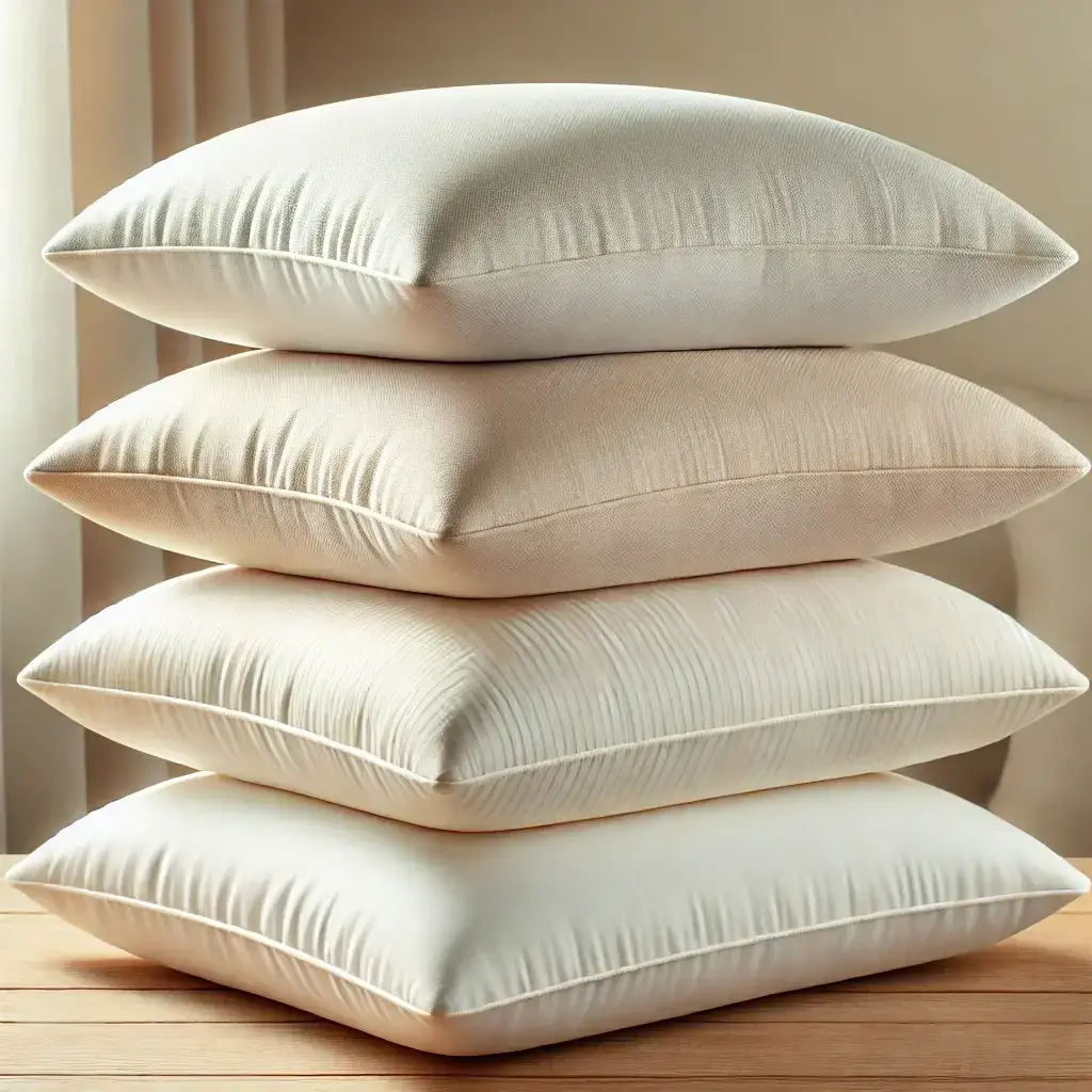 Gros plan sur une pile de 3 à 4 oreillers ergonomiques Emma aux couleurs claires et apaisante