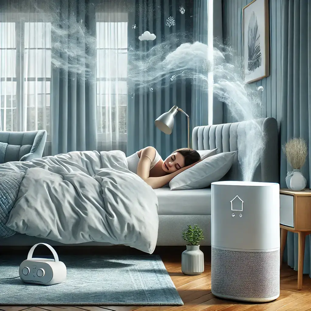Image représentant une chambre paisible avec une personne dormant confortablement dans un air purifié. Illustration d’un purificateur d’air et d’un humidificateur diffusant une brume légère pour améliorer la qualité de l’air et favoriser un sommeil réparateur