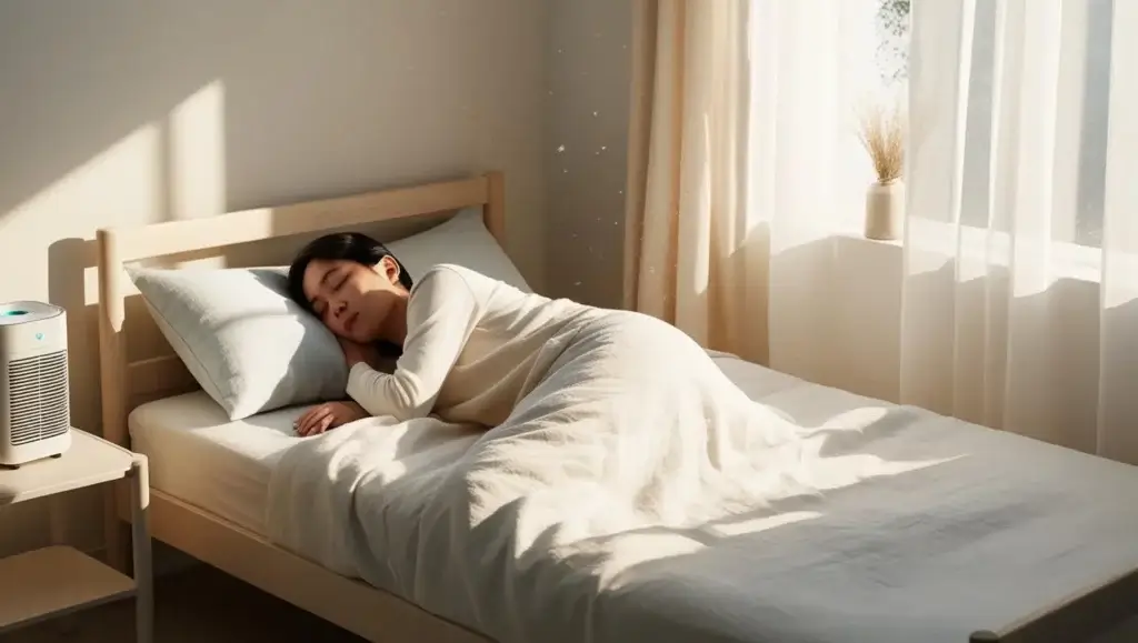 Une femme dort paisiblement dans une chambre lumineuse et épurée, avec un purificateur d’air placé sur sa table de nuit. L’image illustre l’impact d’un air purifié sur la qualité du sommeil, soulignant l’importance d’un environnement sain pour un repos réparateur.