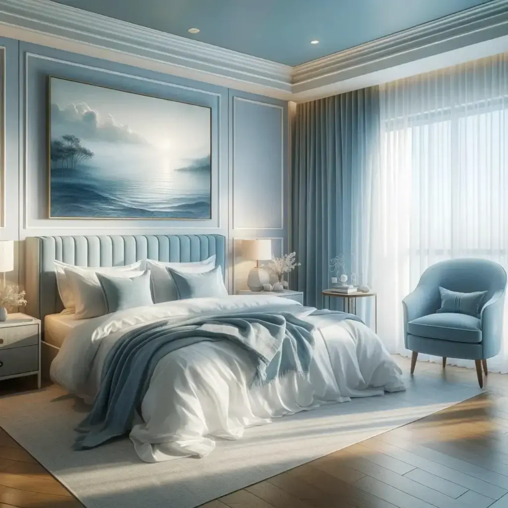Une chambre élégante et apaisante aux tons bleu pastel, mettant en avant un lit confortable avec des oreillers moelleux, illustrant l’importance d’un environnement propice au sommeil réparateur.