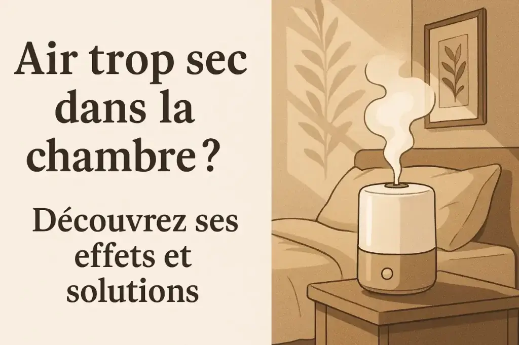 Illustration d’un humidificateur diffusant de la vapeur dans une chambre, accompagnée d’un message : “Air trop sec dans la chambre ? Découvrez ses effets et solutions”.