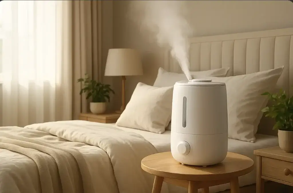 Un humidificateur moderne diffusant une brume douce dans une chambre paisible, avec un lit soigné et une lumière tamisée, illustrant le confort d’un air bien humidifié.