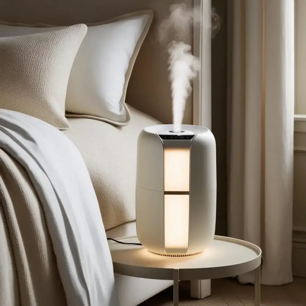 Un humidificateur diffusant une brume douce sur une table de chevet, dans une chambre chaleureuse et apaisante, mettant en avant le confort et le bien-être.