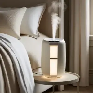 Air trop sec dans la chambre : comment retrouver le confort ? Un humidificateur diffusant une brume douce sur une table de chevet, dans une chambre chaleureuse et apaisante, mettant en avant le confort et le bien-être.
