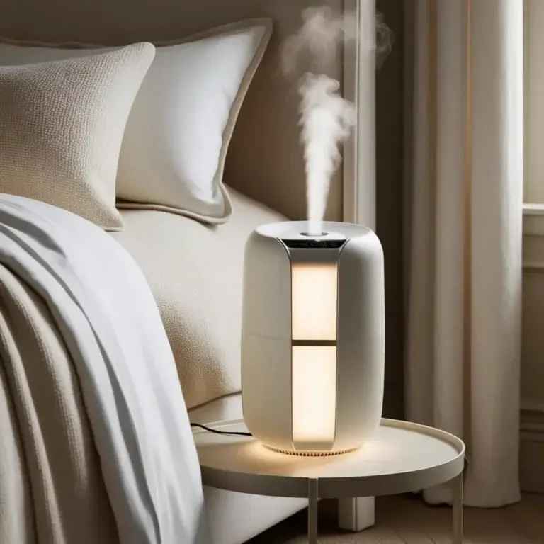 Un humidificateur diffusant une brume douce sur une table de chevet, dans une chambre chaleureuse et apaisante, mettant en avant le confort et le bien-être.