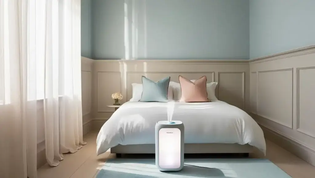 Vue d’une chambre épurée et lumineuse avec un humidificateur purificateur 2-en-1 diffusant une brume fine au pied du lit, symbole de confort et de bien-être.