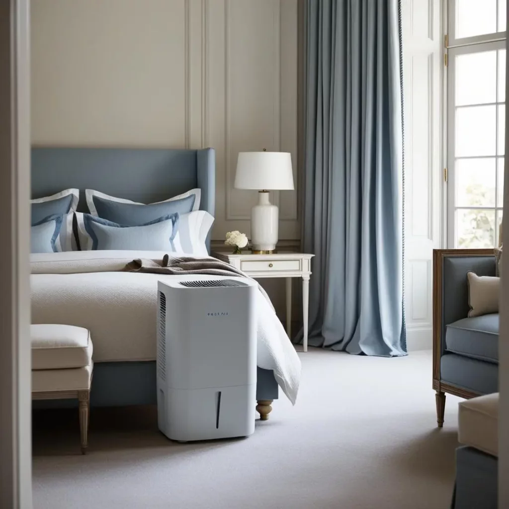 Déshumidificateur silencieux placé dans une chambre haut de gamme aux nuances de bleu et blanc, atmosphère reposante.