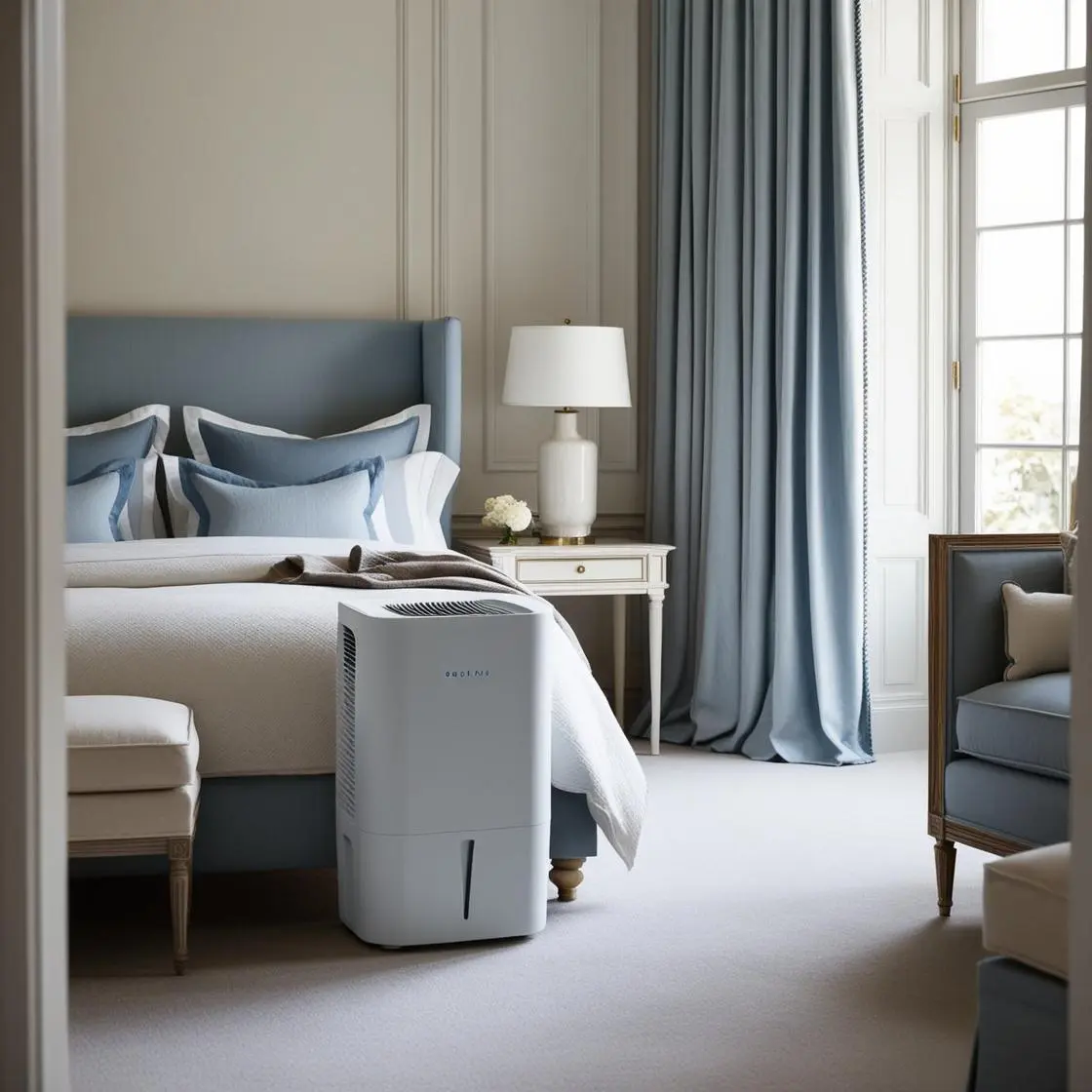 Déshumidificateur silencieux placé dans une chambre haut de gamme aux nuances de bleu et blanc, atmosphère reposante.