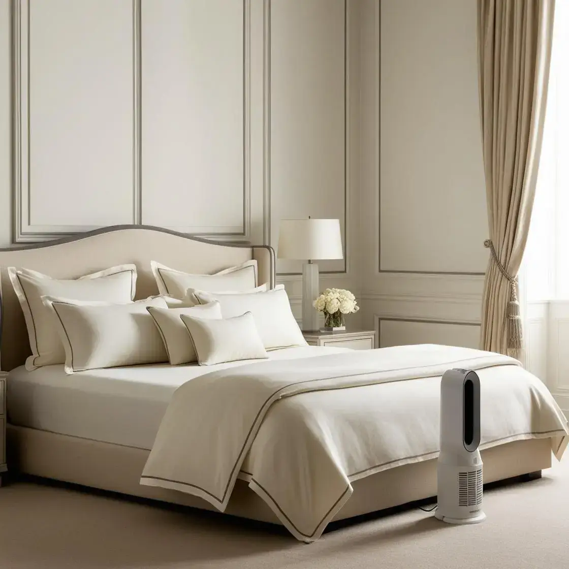 Vue latérale du Dyson PH05 dans une chambre sobre et chic, soulignant son design compact et sa capacité à purifier l’air en toute discrétion.