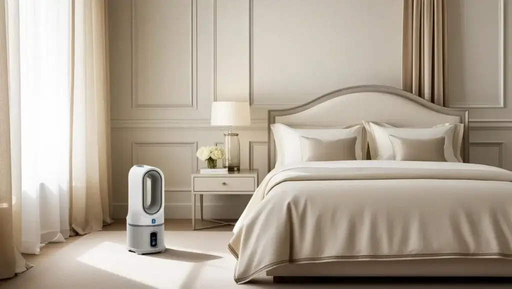 Purificateur-humidificateur Dyson PH05 installé dans une chambre élégante et lumineuse, illustrant son intégration naturelle dans un intérieur haut de gamme.