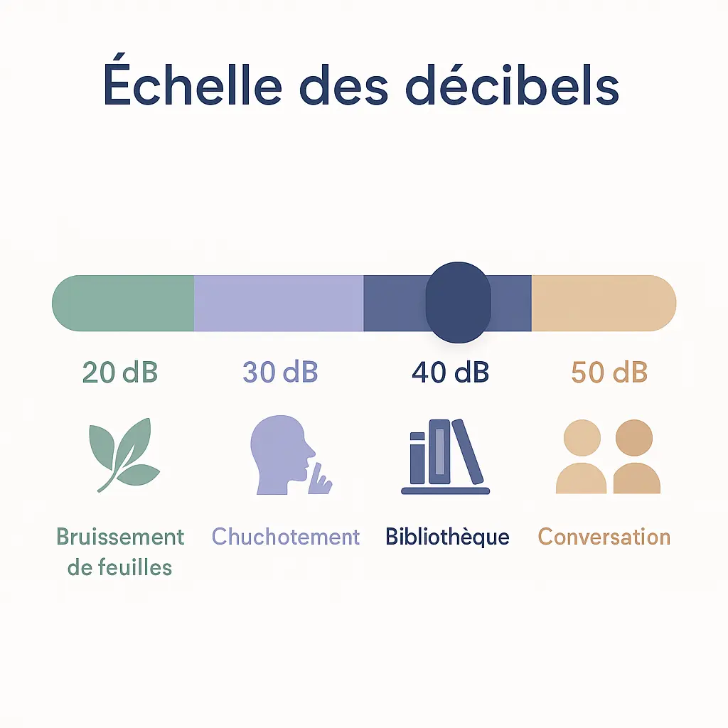 Graphique représentant l’échelle des décibels : 20 dB (bruissement de feuilles), 30 dB (chuchotement), 40 dB (bibliothèque), 50 dB (conversation normale). Zone idéale de sommeil en dessous de 40 dB.