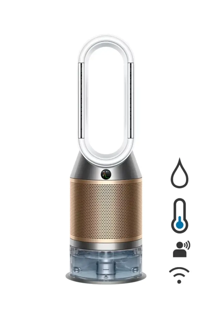 Dyson PH05 dans un intérieur design. Appareil 4-en-1 pour purifier, humidifier, chauffer et ventiler. Modèle premium testé dans notre guide 2025 sur bienetreetconfort.com.