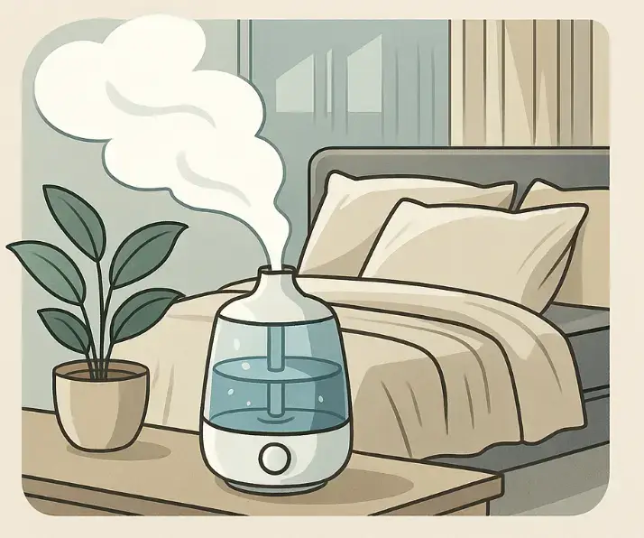 Humidificateur d’air posé sur une table de nuit dans une chambre élégante aux tons pastels, idéale pour un sommeil réparateur.