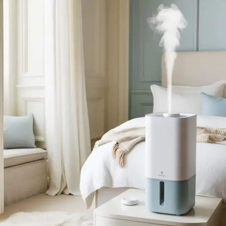 Photo d’un humidificateur d’air dans une chambre élégante et apaisante, ambiance cocooning. Idéal pour illustrer un article sur les meilleurs humidificateurs-purificateurs d’air pour bien dormir, publié sur bienetreetconfort.com.