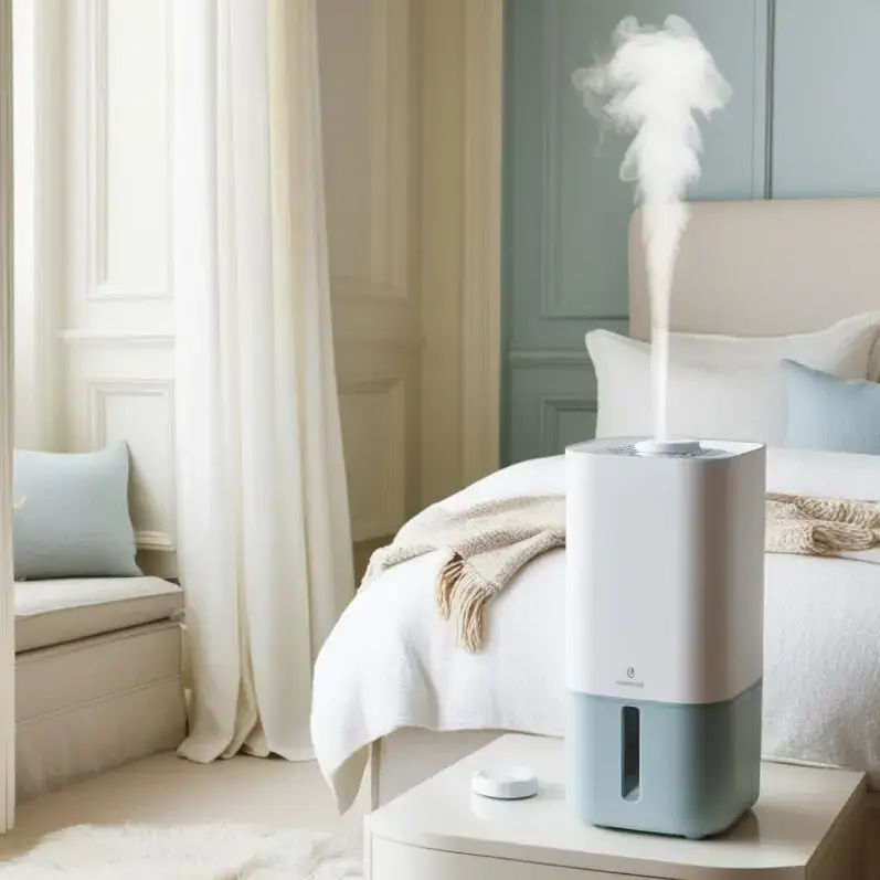 Photo d’un humidificateur d’air dans une chambre élégante et apaisante, ambiance cocooning. Idéal pour illustrer un article sur les meilleurs humidificateurs-purificateurs d’air pour bien dormir, publié sur bienetreetconfort.com.
