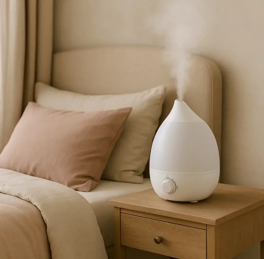 Humidificateur d’air posé sur une table de nuit dans une chambre élégante aux tons pastels, idéale pour un sommeil réparateur.