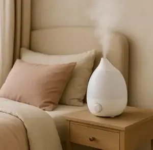 Quel humidificateur choisir pour bien dormir ? (Guide complet) Humidificateur d’air posé sur une table de nuit dans une chambre élégante aux tons pastels, idéale pour un sommeil réparateur.