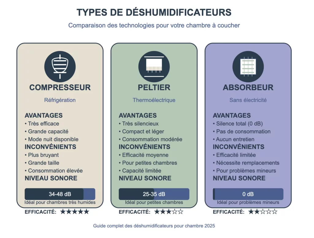 Infographie comparant trois types de déshumidificateurs pour chambre : compresseur (34-48 dB, très efficace mais bruyant), Peltier (25-35 dB, silencieux pour petites chambres), et absorbeur (0 dB, sans électricité mais efficacité limitée).
