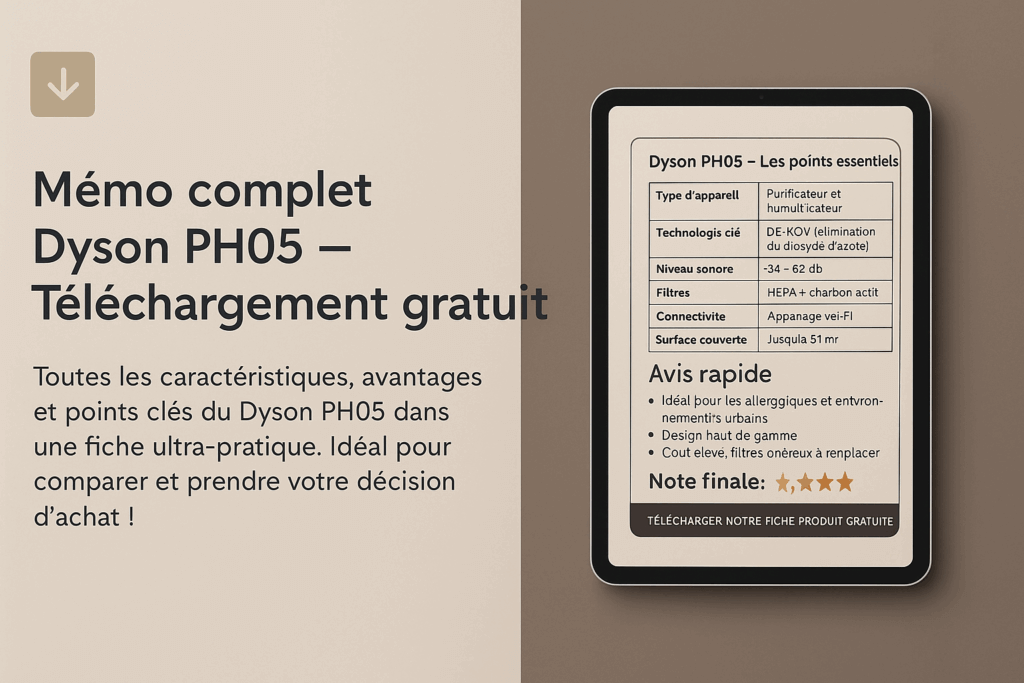 Aperçu de la fiche mémo téléchargeable du Dyson PH05, résumant ses fonctions principales, ses caractéristiques techniques et ses points forts, sur fond taupe et tablette noire.