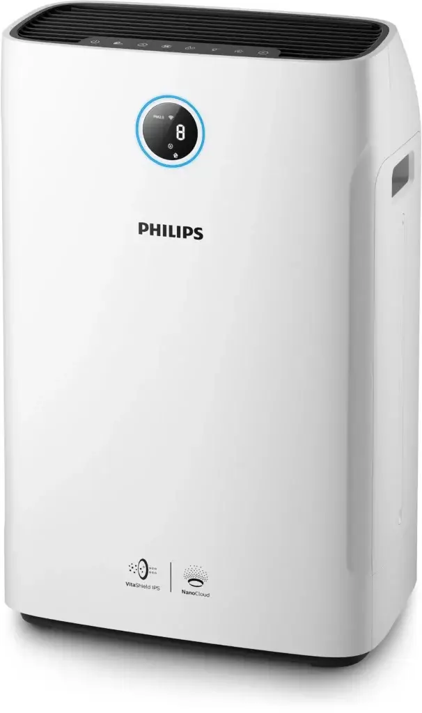 Vue du purificateur et humidificateur d'air Philips AC3829/10 équipé du système NanoCloud et de la technologie VitaShield IPS.