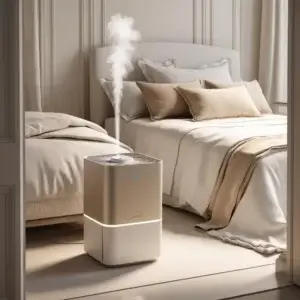 Philips AC3829/10 : analyse et performance Humidificateur-purificateur Philips AC3829/10 en fonctionnement dans une chambre de 35 m², ambiance beige naturelle et cocooning, idéal pour améliorer le confort de sommeil.