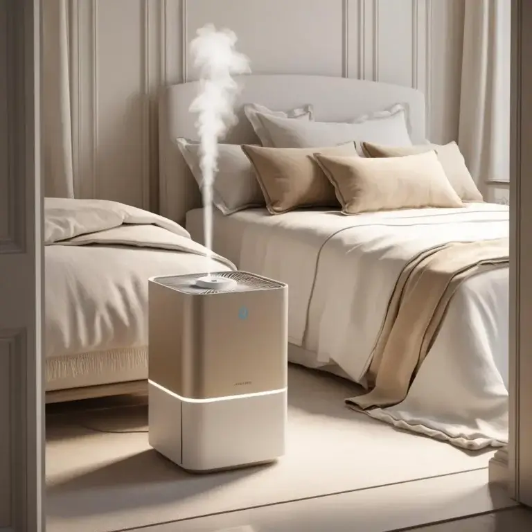 Humidificateur-purificateur Philips AC3829/10 en fonctionnement dans une chambre de 35 m², ambiance beige naturelle et cocooning, idéal pour améliorer le confort de sommeil.