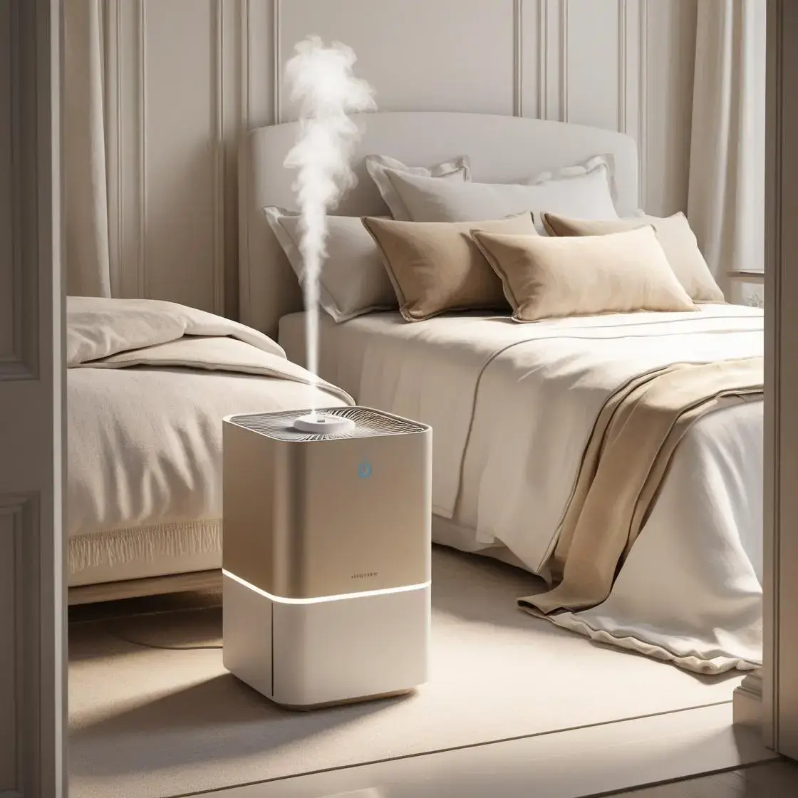 Humidificateur-purificateur Philips AC3829/10 en fonctionnement dans une chambre de 35 m², ambiance beige naturelle et cocooning, idéal pour améliorer le confort de sommeil.