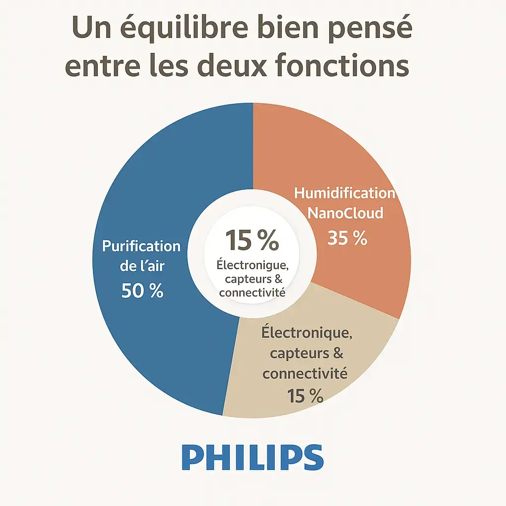 Diagramme circulaire illustrant la répartition des fonctions du Philips AC3829/10 : 50 % purification de l'air, 35 % humidification NanoCloud, 15 % électronique, capteurs et connectivité